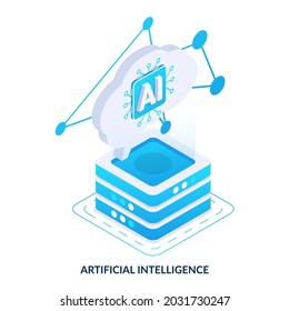 Artificial Intelligence Concept. Giant Brain With Computer Processor. Isometric Vector Illustration On White Background.