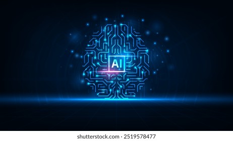 conceito de inteligência artificial. Circuito cerebral azul brilhante com HUD. Fundo abstrato da tecnologia.
