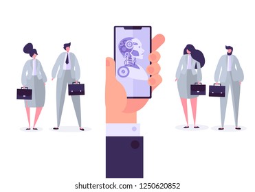 Artificial intelligence concept. Hand holding mobile phone with bot application. Technology and engineering versus business people. Vector illustration