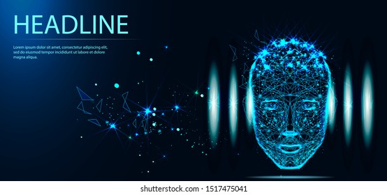 Artificial intelligence concept. Head, face with cybernetic digital brain, neural network link to virtual interface. Futuristic cyberpunk mind. computer, Machine learning cyber system. Headline