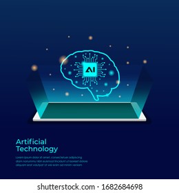 Artificial intelligence concept. Hologram artificial technology with brain and chip symbol on tablet screen. Vector template illustration 
