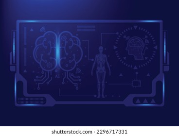 Artificial intelligence concept. Human brain on blue background. Vector illustration.