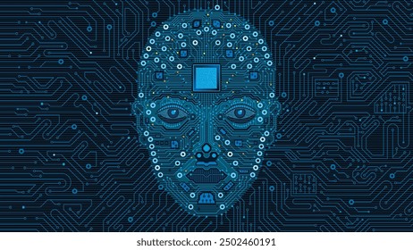 Artificial intelligence concept. Human face made of circuits with a microchip in the forehead and blue lights. Vector image