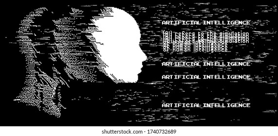 Artificial intelligence concept. Human head with glitched pixels, distorted profile of a woman made of square particles.