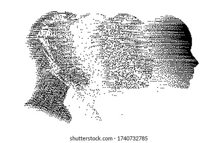 Artificial intelligence concept. Human head with glitched pixels, distorted profile of a woman made of square particles.