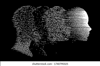 Artificial intelligence concept. Human head with glitched pixels, distorted profile of a woman made of square particles.