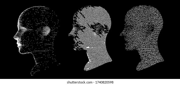 Artificial intelligence concept. Human head with glitched pixels, distorted profile of a woman made of square particles.