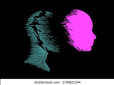 Artificial intelligence concept. Human head with glitched pixels, distorted profile of woman made of square particles.