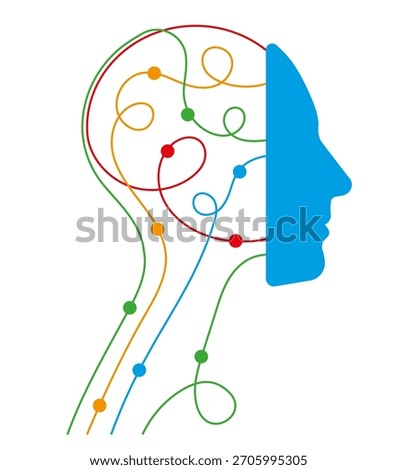 Artificial intelligence concept. Human head profile with colorful neural lines, dots. Neural network, thinking process, cyborg model. Simplicity vector illustration, isolated.