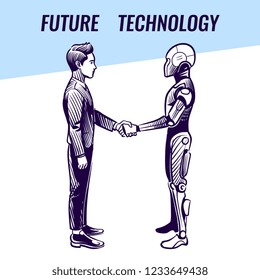 Artificial intelligence concept. Human and robot handshaking. Futuristic ai advanced technology vector background