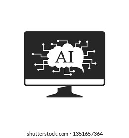 Artificial intelligence concept icon in black and white. Computer displaying electronic circuit brain. Vector illustration.