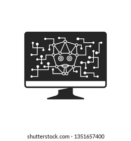 Artificial intelligence concept icon in black and white. Computer displaying electronic circuit brain. Vector illustration.