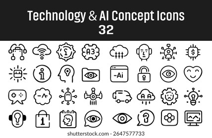 Artificial Intelligence Concept Icons – AI Chip, Human Brain, Cybersecurity, Smart Tech Vectors