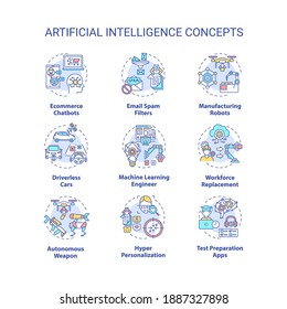 Conjunto de iconos de concepto de inteligencia artificial. Cómputo de chatbots de Ecommerce. Carros sin conductor. Tecnologías futuras ideas ilustraciones de color RGB de línea delgada. Dibujos de contorno aislados por vectores. Trazo editable