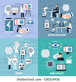 Artificial intelligence concept icons set with cyborg symbols flat isolated vector illustration 