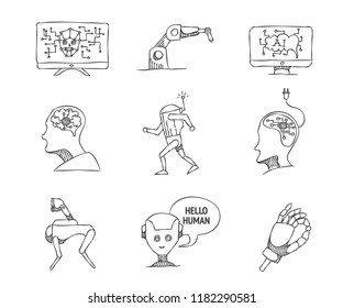 Artificial intelligence concept icons in sketch style. Vector hand drawn doodle of industrial technology.