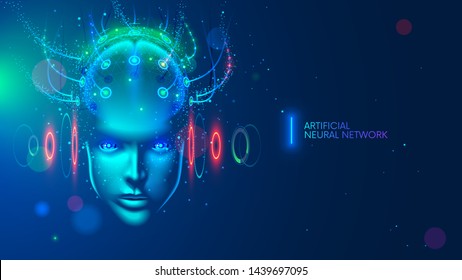 Artificial intelligence concept illustration. Head, face with cybernetic digital brain, neural network link to virtual interface. Futuristic cyberpunk mind. computer, Machine learning cyber system.