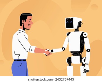 Artificial intelligence. The concept of introducing, helping AI in people's lives. Progress and innovation through the introduction of robotic technology. Handshake between human and robot. Vector ill