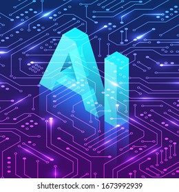 Artificial intelligence concept. Isometric AI header on circuit background. Futurictic illustration. Vector