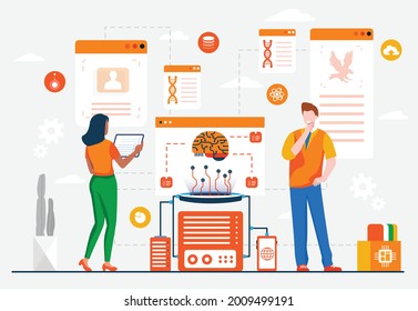 artificial intelligence concept for landing page website, working on brainstorm, man and woman doing AI, modern technology vector illustration