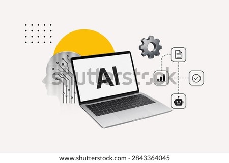 Artificial intelligence concept with laptop, AI interface, automation icons, gear, robot, analytics and circuit elements in a modern flat collage style.