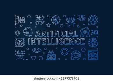 Artificial Intelligence concept line blue banner. AI Technology vector horizontal illustration on dark background