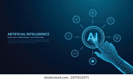 Artificial Intelligence Concept in Low Poly Wireframe. Ai Technology and Hand Vector Illustration in Technology Blue Background