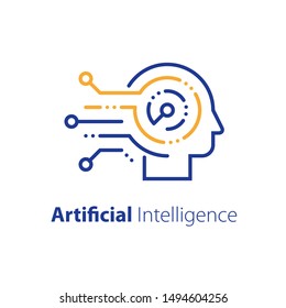 Artificial intelligence concept, machine learning, robot technology and innovation, skill improvement workshop, critical thinking, decision making, vector line illustration