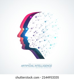 Artificial intelligence concept. Machine Learning. Digital Brain. Neural Networks and Learning Processing Big Data. Data flow background. Vector illustration.