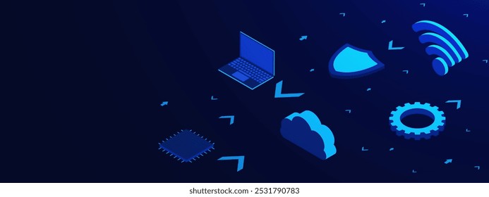 Artificial intelligence concept with microchip, laptop, cloud, shield, gear and wi-fi symbol isometric. High digital technology background. Vector illustration