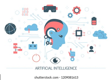 Artificial intelligence concept. Modern futuristic technology and machine learning. Robot with human mind and augmented reality. Set of colorful computer icons. Isolated flat vector illustration