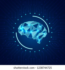 Artificial intelligence concept. Modern shiny polygonal brain at the background with microcircuit