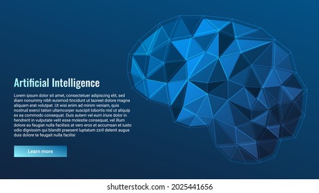 Artificial intelligence concept, modern technologies. Brain illustration in low poly style on a dark background. Web banner design template, landing page. Copy space.