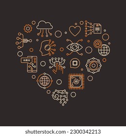 Artificial Intelligence concept outline creative heart shaped banner. Vector I Love AI illustration
