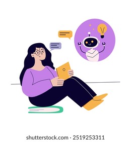 Artificial intelligence concept with people. Flat vector illustration. Person using ai technology for work. Collaboration with ai robotic program. Artificial intelligence tool for education.