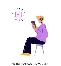 Artificial intelligence concept with people. Flat vector illustration. Person using ai technology for work. Collaboration with ai robotic program. Artificial intelligence tool for analysis business.