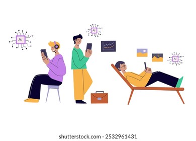 Artificial intelligence concept with people. Flat vector illustration. Person using ai technology for work. Collaboration with ai robotic program. Artificial intelligence tool for analysis business.