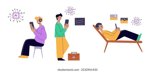 Artificial intelligence concept with people. Flat vector illustration. Person using ai technology for work. Collaboration with ai robotic program. Artificial intelligence tool for analysis business.