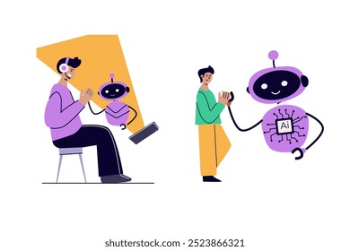 Conceito de inteligência artificial com pessoas e robôs. Ilustração de vetor plano. Pessoa que utiliza tecnologia de IA para trabalhar. Colaboração com o programa robótico do ar. Ferramenta de inteligência artificial para análise 