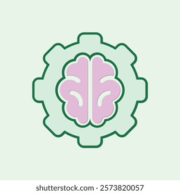 Artificial Intelligence concept with pink brain and gear graphic design on light green background