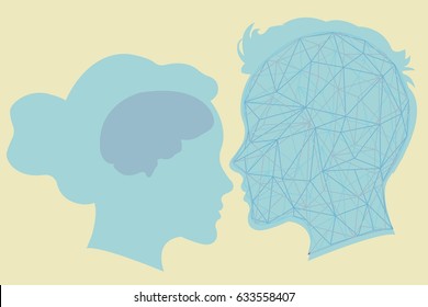 Artificial Intelligence concept. Polygonal human head. Neural Network. Real woman and robot heads. Vector illustration.