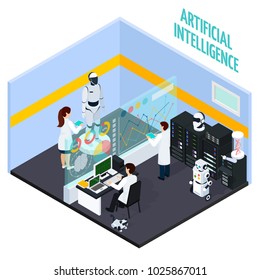 Artificial intelligence concept with repair and technology symbols isometric vector illustration 