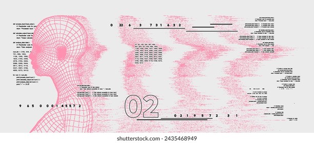 Artificial intelligence concept. Retro futuristic style, Dither wireframe woman low poly face, with grunge distorted waves profile. Vector background