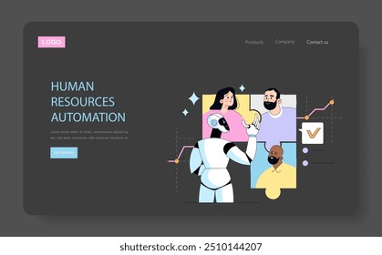 Artificial intelligence concept. Robot assists in human resources tasks, optimizing team dynamics. Streamlining recruitment and workforce management. Vector illustration.