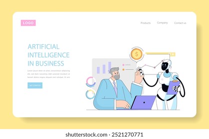 Artificial intelligence concept. A robot assists a businessman with data analysis, enhancing productivity. Human-AI collaboration on financial growth. Vector illustration.