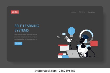 Artificial Intelligence concept. Robot with graduation cap using a laptop, symbolizing machine learning capabilities. Educational technology innovation. Vector illustration.