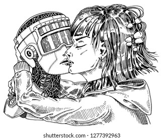 Artificial intelligence concept. Robot and man, Woman and man kiss. Concept love couple. Replicant or Android. Hand drawn Future technology. Vintage Engraved Monochrome Sketch.