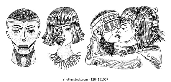 Artificial intelligence concept. Robot and man, Woman and man kiss. Concept love couple. Replicant or Android. Hand drawn Future technology. Vintage Engraved Monochrome Sketch.