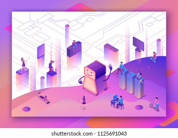 Artificial intelligence concept with robot, people, network, isometric 3d illustration with smartphone, laptop, mobile gadget, modern data storage banner, landing page background