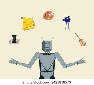 Artificial Intelligence concept: robot performing a variety of human tasks.  Mechanical man juggling with various activities icons: chess, writing, painting art, cinema, playing guitar.